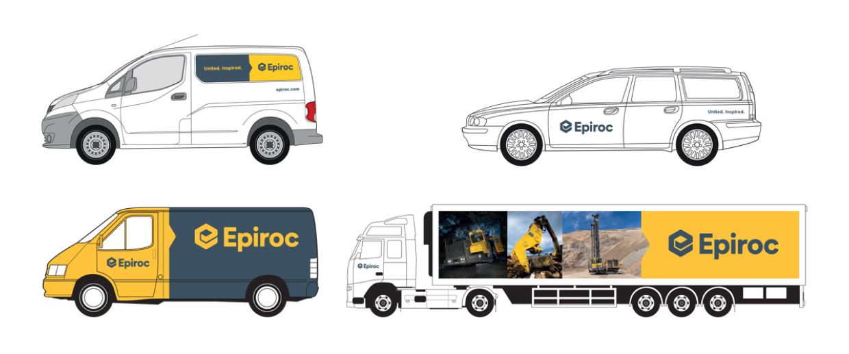Examples of Epiroc branding on a variety of vehicles, including vans as well as semi-truck trailers.
