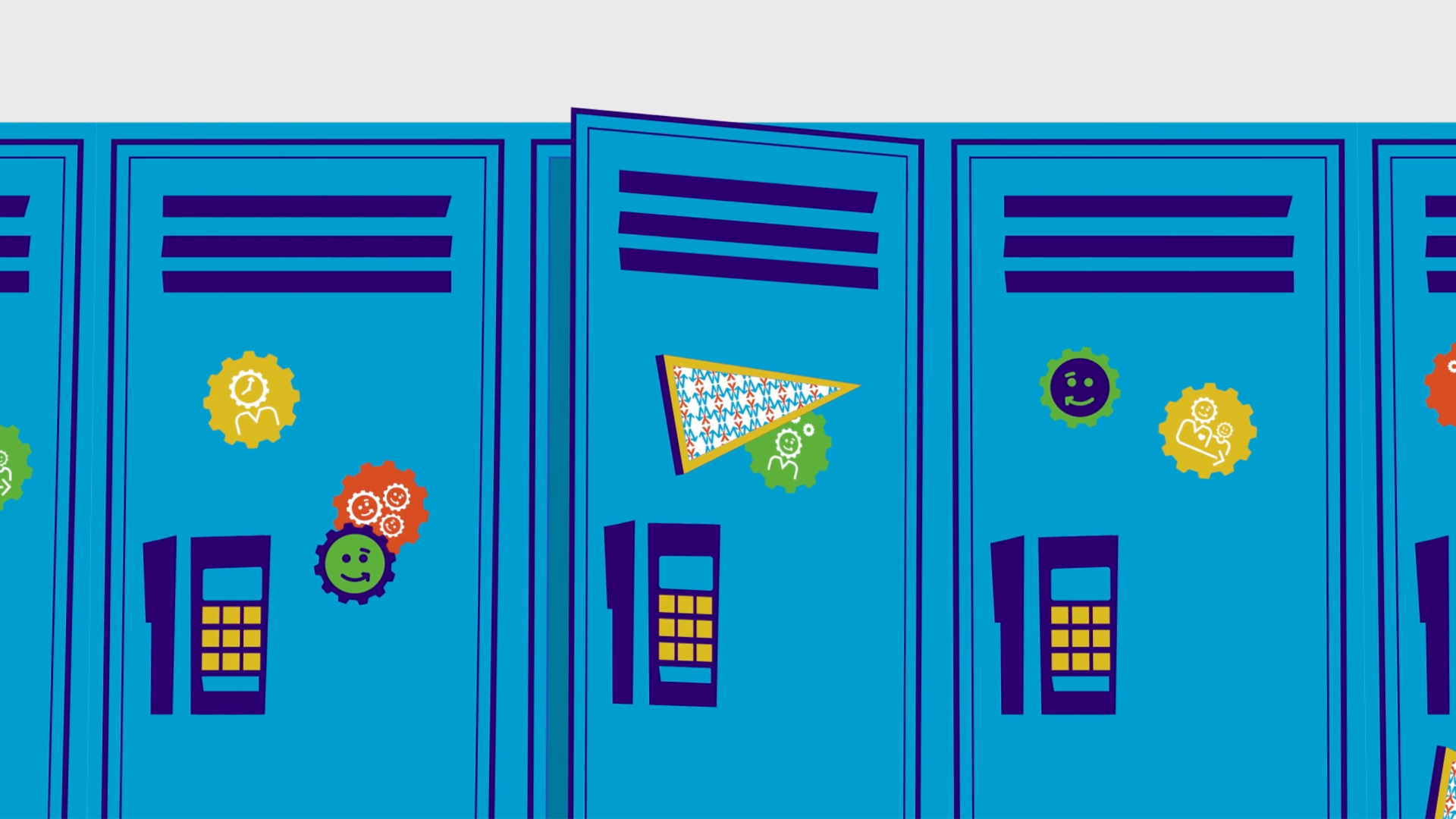 The top half of three blue lockers with pendants and stickers decorating them.
