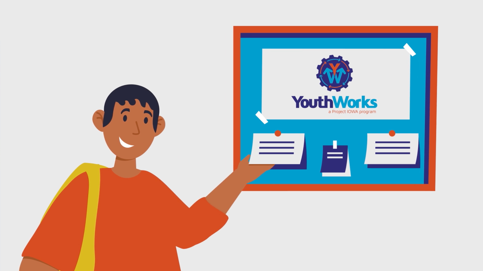 A student grabbing a piece of paper off a bulletin board, underneath a poster that says YouthWorks.