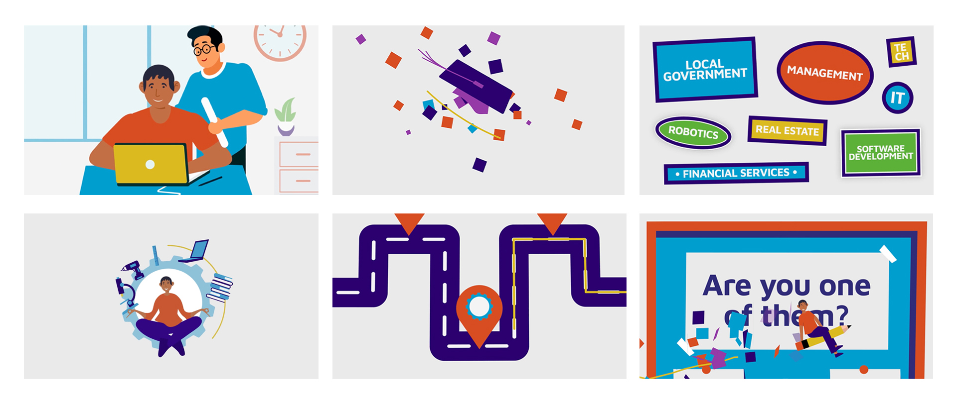 Student sitting at a computer with a teacher standing behind them. Purple graduation cap flying through the air alongside multi-colored confetti. Various colorful shapes with possible career paths written within each, such as Local Government, Real Estate and Robotics. Student sitting cross-legged surrounded by floating learning tools including a laptop, microscope and drill. A roadmap graphic with purple roads and orange bubbles pinpointing specific locations. Miniature student riding on a flying pencil in front of a poster that reads “Are you one of them?”