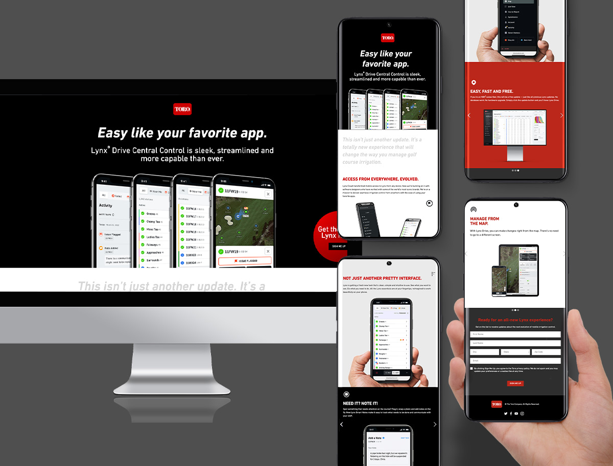 Lynx Drive website examples shown on a computer screen and four phone screens.