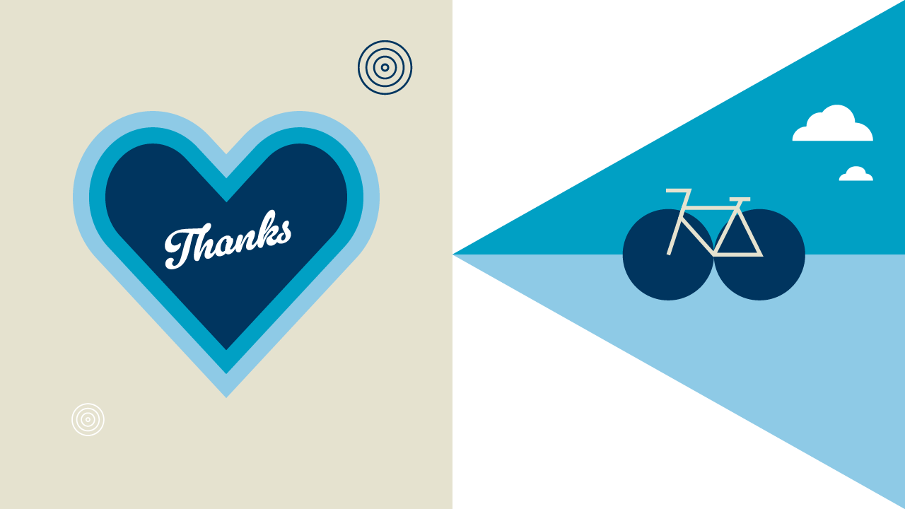 Illustrated image of heart with the word thanks and bicycle and sky