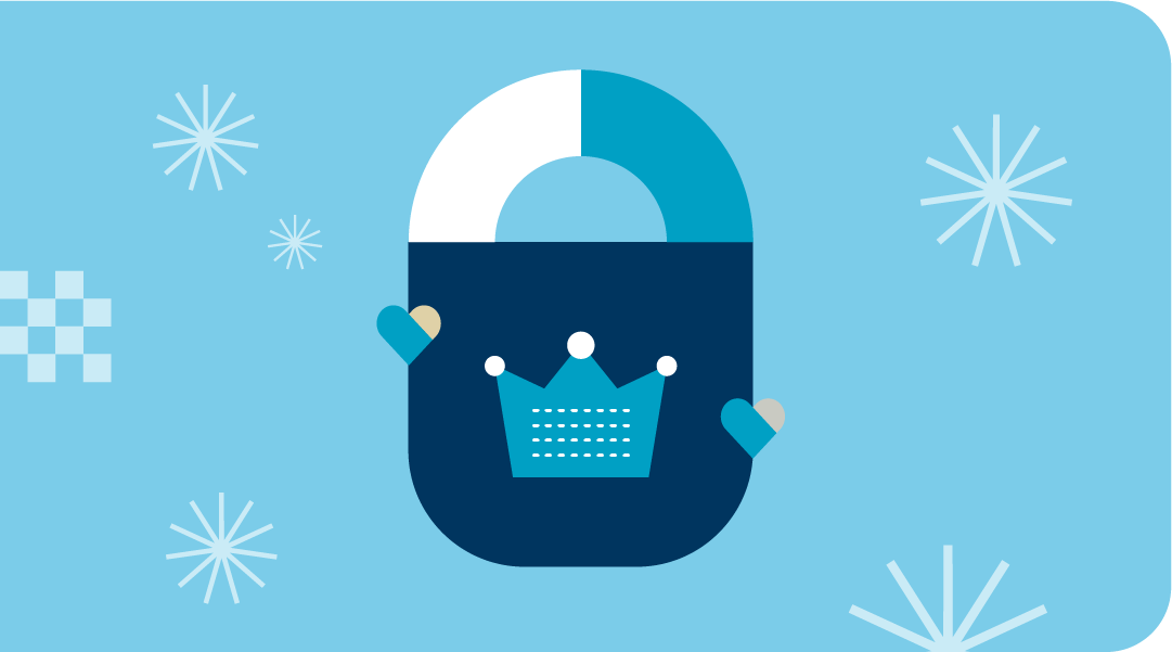 Stylized artificial intelligence illustration with a crown and lock with hearts and other elements