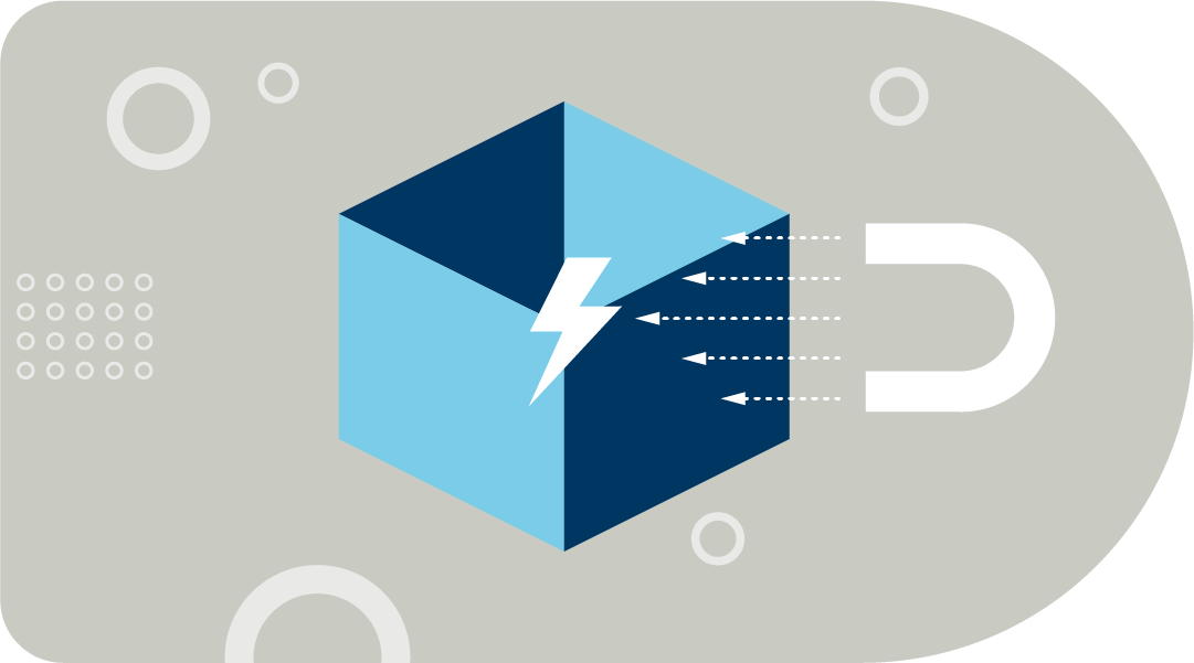 Stylized artificial intelligence illustration with a box, lightning bolt, magnet and other elements