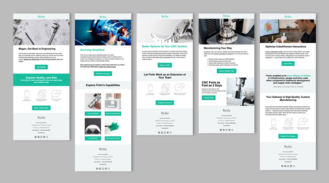 Samples of fictiv marketing automation emails on gray background